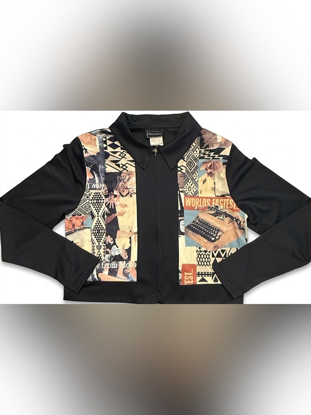 Anxiety Jacket Zip Shirt Large Collage Novelty Typewriter Y2K USA Made VTG Retro